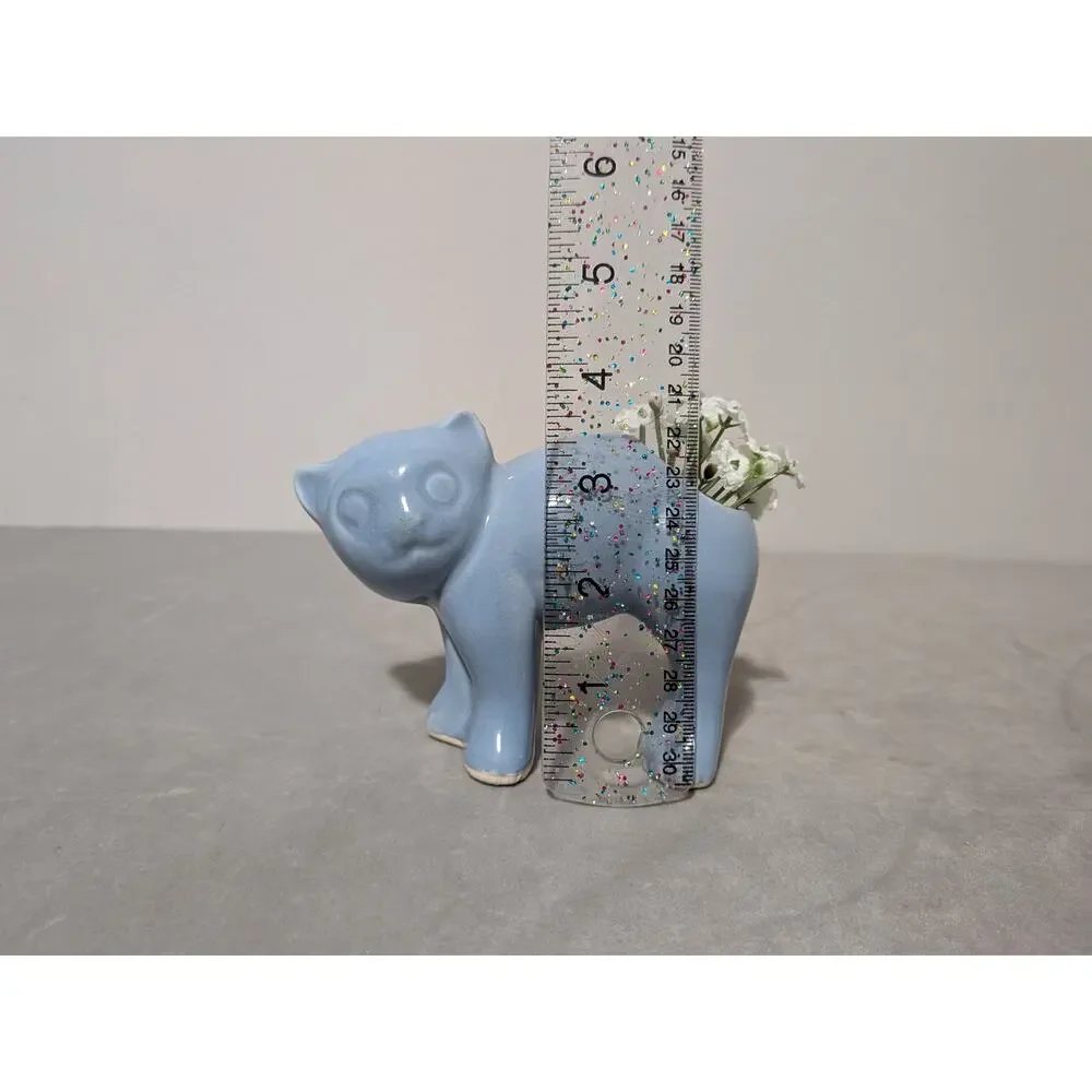 Vintage McCoy Morton Ceramic Blue Cat Planter Vase Arched MCM Kitten 1950s